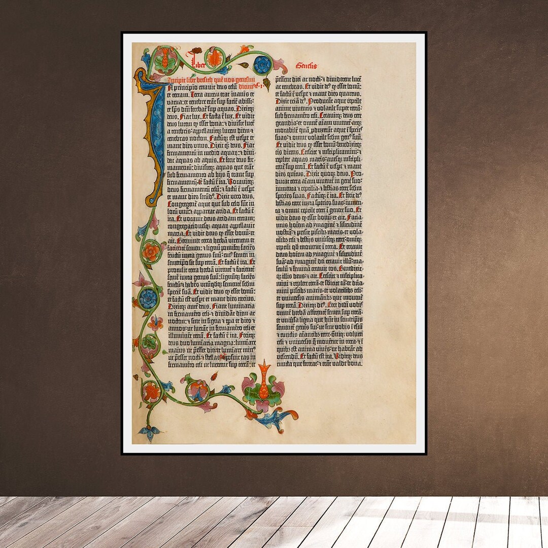 Gutenberg BIBLE Leaf Page Illuminated Flowers Medieval 1455 First Book Ever Printed Old