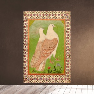 Printable Wall Art - Doves on a Green Field - PERSIAN MINIATURE Muraqqa Print Iran Islam Art - Downloadable
