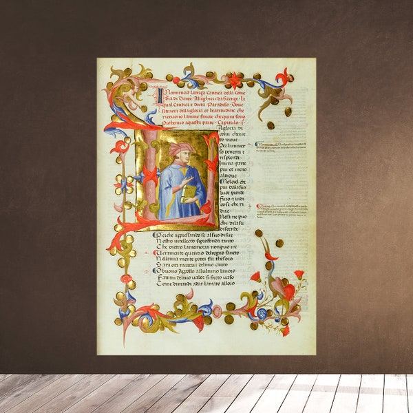 Printable Wall Art Vintage - Dante Alighieri Medieval Illuminated Manuscript - Portrait - Illuminated Leaf - Paradise Inferno Divine Comedy