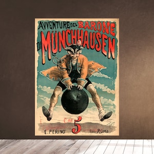 Printable Wall Art - Baron Munchausen Rides the Cannonball - 1890 Vintage Book Cover by Ottavio Rodella Tavio - Downloadable