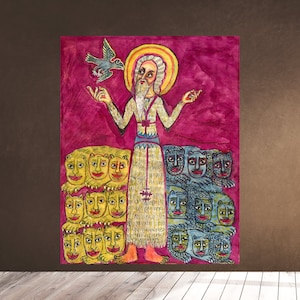 May include: A watercolour painting depicting a religious figure with a white beard and halo, standing on a stack of lions. The figure is holding a bird in its hand. The background is a vibrant pink.