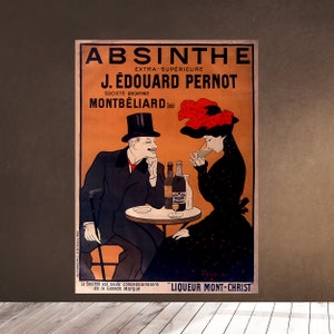 Puede incluir: Póster vintage que anuncia Absinthe Extra-Supérieure J. Edouard Pernot, un licor francés. El póster presenta a un hombre y una mujer sentados a una mesa con botellas de absenta. El texto del póster dice "Absinthe Extra-Supérieure J. Edouard Pernot, Société Anonyme Montbéliard, La Société est seule concessionnaire de la Grande Marque "Liqueur Mont-Christ""