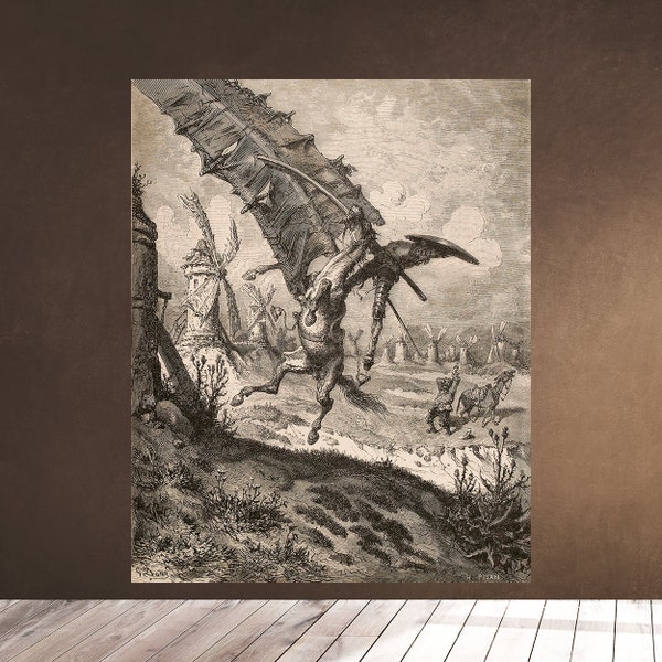 Printable Wall Art - Don Quixote Fighting With The Giant Windmills - Old Book Plate by Gustave Dore - Downloadable