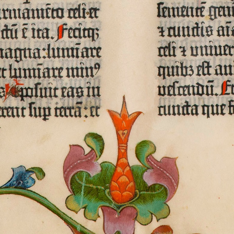 Gutenberg BIBLE Leaf Page Illuminated Flowers Medieval 1455 First Book Ever Printed Old