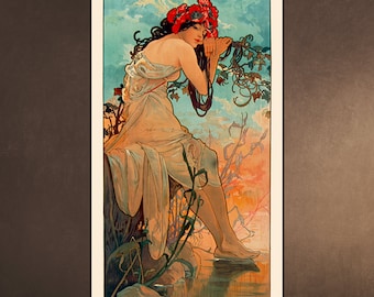 1896 SUMMER - 4 Seasons Alphonse Mucha Art Nouveau Goddess Vintage Lithograph French Ete Woman Beauty Nature Art Wall Hanging Decor Print