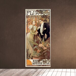 May include: A vintage poster advertising "Biscuits Lefebvre-Utile" featuring a couple in a garden setting. The poster is in Art Nouveau style with a decorative border and the text "FLIRT" at the top.