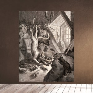 Printable Wall Art - The Cat And The Old Rat by Jean de La Fontaine - Gustave Dore Drawing Downloadable