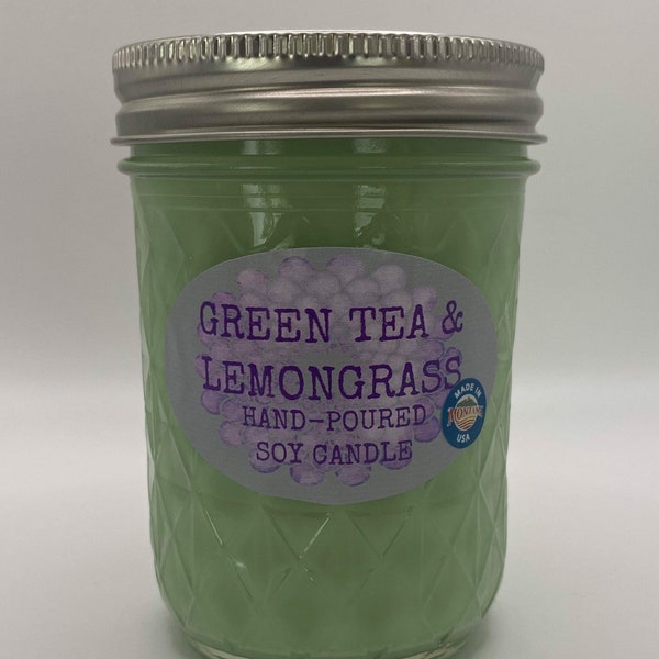 Green Tea & Lemongrass Scented Soy Candle - Infused with Essential Oils - Hand Poured - Made in Montana - Gift - Mason Jar Candle - 8 Ounce