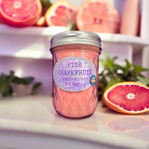 Pink Grapefruit Scented Soy Candle - Infused with Essential Oils - Hand Poured - Made in Montana - Gift - Mason Jar Candle - 8 Ounce