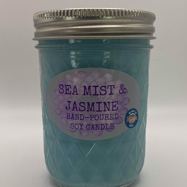 Sea Mist & Jasmine Scented Soy Candle - Infused with Essential Oils - Hand Poured - Made in Montana - Gift - Mason Jar Candle - 8 Ounce