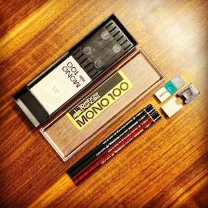 Vintage Tombow Mono 100 Tartan Design HB Pencils with Downward Facing Dragonfly, JISMark and Pencil Case