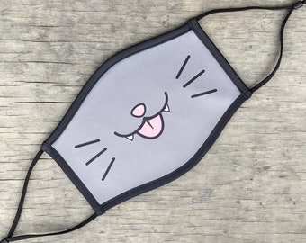 Cartoon Cat Face Mask, Reusable Cotton Face Mask With Elastic Ear Loop, Adjustable Ear Loop, Full Color Design, Decorated in USA
