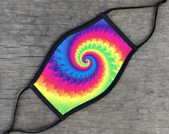 Rainbow Swirl Tie Dye Face Mask, Reusable Cotton Face Mask With Elastic Ear Loop, Adjustable Ear Loop, Full Color Design, Decorated in USA