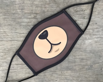 Ansiktsmask med tecknad björn, återanvändbar ansiktsmask med bomull och elastisk öronögla, justerbar öronögla, design i fullfärg, dekorerad i USA