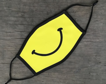 Smiley Face Happy Face Mask, Reusable Cotton Face Mask With Elastic Ear Loop, Adjustable Ear Loop, Full Color Design, Decorated in USA