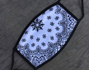 White Bandana Face Mask, Reusable Cotton Face Mask With Elastic Ear Loop, Adjustable Ear Loop, Vivid Full Color Design, Decorated in USA