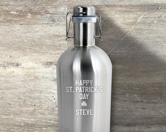 St. Patrick's Day Gift, Personalized Stainless Steel Beer Growler Jug, 64 Ounce, Custom Engraved, Funny St. Patty's Day, St. Paddy's