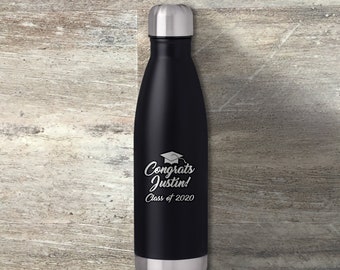 Graduation Gift, Personalized Cola Shaped Water Bottle, 17 Ounce, Double Walled Vacuum Insulated, Grad Party, College High School Graduation