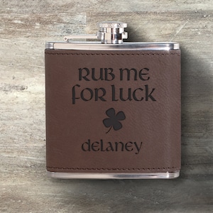 St. Patrick&#39;s Day Leather Hip Flask, Personalized Custom Engraved Flask, 6 oz Steel Flask, Funny St. Patty&#39;s Day Flask, St. Paddy&#39;s, Irish