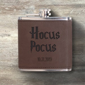 Halloween Hip Flask, Personalized Leather Flask, Custom Engraved Flask, 6 oz Stainless Flask, Halloween Party Favors, Custom Funny Halloween