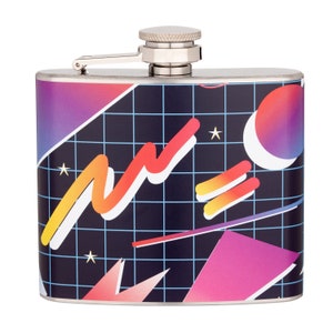 May include: A stainless steel hip flask with a retro 80s geometric design featuring a grid pattern, stars, and colorful shapes in shades of pink, purple, yellow, and orange.