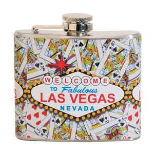 Bienvenido a Las Vegas 5 oz. Frasco de acero inoxidable, Party Favor, Funny Flask, Lindo matraz, Diseño a todo color, Decorado en EE. UU.