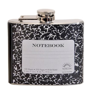 May include: A silver flask with a black and white notebook design. The flask has a silver cap and a label that reads "NOTEBOOK" and includes the text "100 Sheets 200 Pages. Wide Ruled 9 3/4 x 7 1/2 in. 24.7 x 19.0 cm NORCOM Tools for Knowledge".