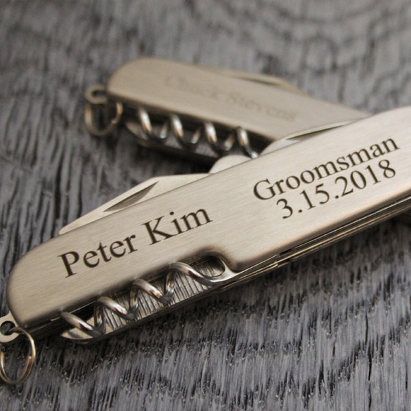 Personalized Stainless Steel Pocket Knife Bottle Opener Corkscrew - engraved wedding knives, groomsman, best man, pocket knives, jack knife