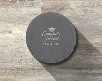 Graduation Gift, Personalized Natural Slate Stone Round Coaster, Set of 6, Engraved, Grad Party, College, High School, University Gift