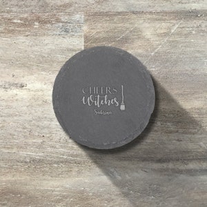 Halloween Gift, Personalized Natural Slate Stone Round Coaster, Set of 6, Custom Engraved, Halloween Party Favors, Custom Funny Halloween