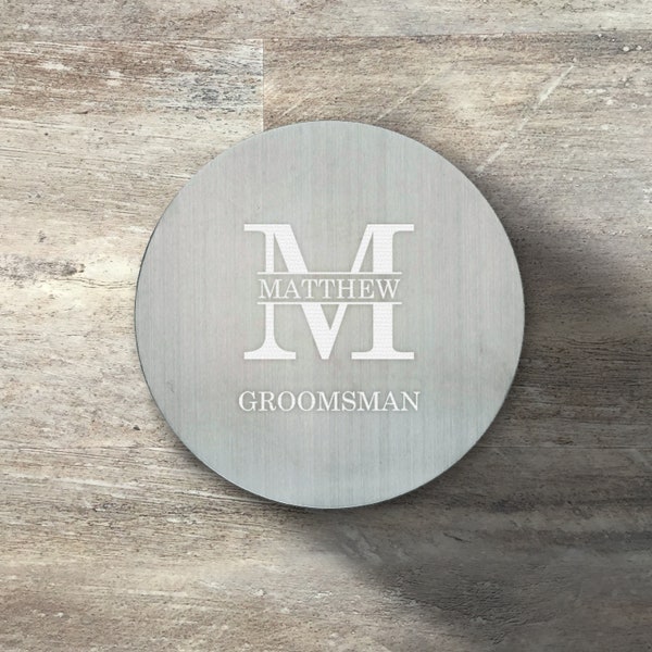 Groomsman Gift, Personalized Round Beverage Coaster, Set of 6, Stainless Steel, Cork Grip, Wedding Party, Bridal Party, Bachelor Party Gift