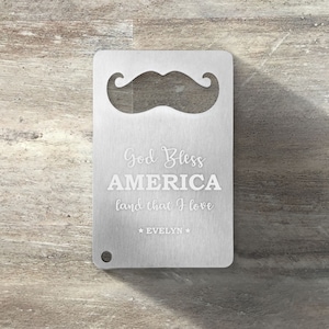 Abridor de garrafas patriótico, abridor de garrafas de cartão de crédito de bigode personalizado, gravado, 4 de julho, 4 de julho, Dia da Independência, EUA, Murica
