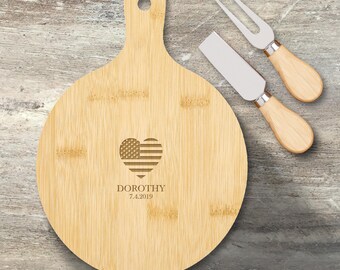 Patriotic Gift, Personalized Cheese Board Knife Set, Bamboo, Custom Engraved, July 4th, Independence Day, USA, Murica, Charcuterie Board