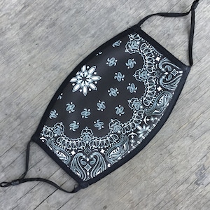 Black Bandana Face Mask, Reusable Cotton Face Mask With Elastic Ear Loop, Adjustable Ear Loop, Vivid Full Color Design, Decorated in USA