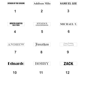May include: A black and white image of 12 numbered squares with names written inside each square. The names include "Father of the Groom", "Addison Milo", "Samuel Lee", "Joseph Carter Best Man", "Steven's Groomsmans", "Michael T.", "Andrew", "Jonathan", "Happy Birthday Brian Fitzpatrick", "Eduardo", "Bobby", and "Zack".