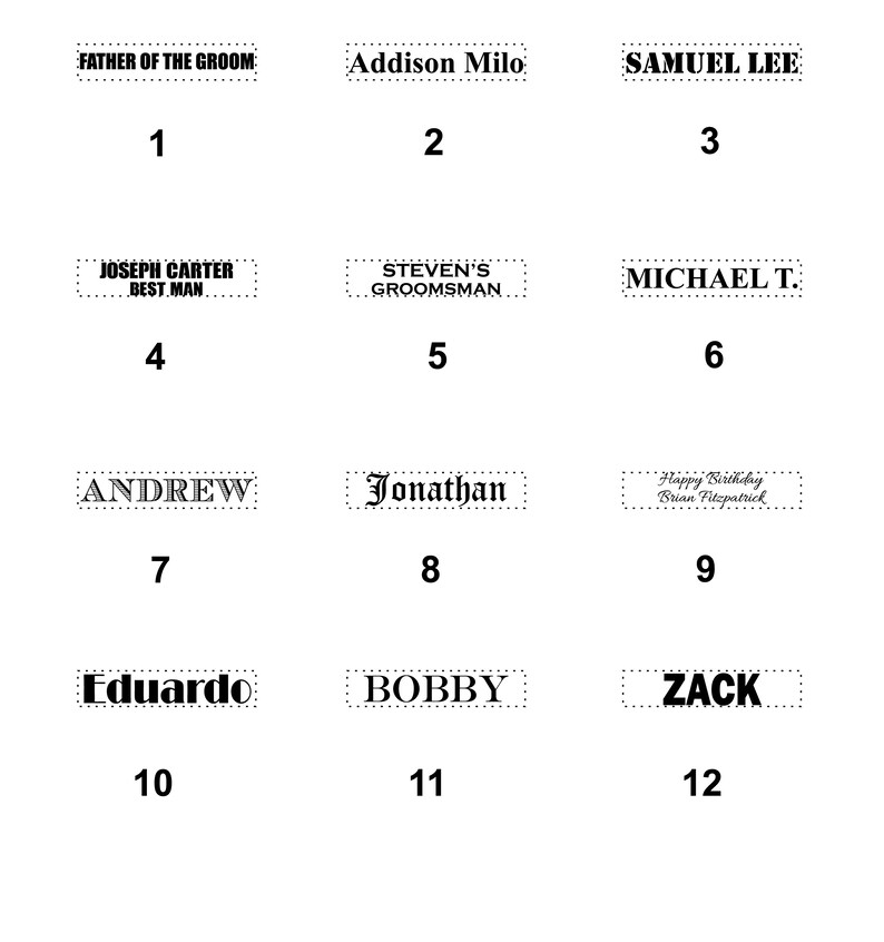 May include: A black and white image of 12 numbered squares with names written inside each square. The names include "Father of the Groom", "Addison Milo", "Samuel Lee", "Joseph Carter Best Man", "Steven's Groomsmans", "Michael T.", "Andrew", "Jonathan", "Happy Birthday Brian Fitzpatrick", "Eduardo", "Bobby", and "Zack".