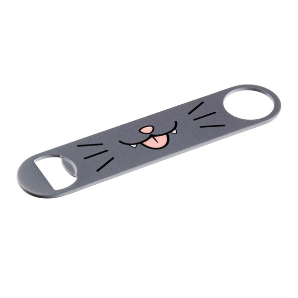 Cartoon Cat Mouth Gray Paddle Bottle Opener, Powder Coated, Stainless Steel, Professional Bartender, Full Color Design, Decorated in USA