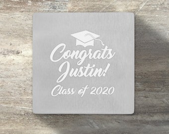 Graduation Gift, Personalized Square Beverage Coaster, Set of 6, Stainless Steel, Cork Grip, Grad Party, College, School, University Gift