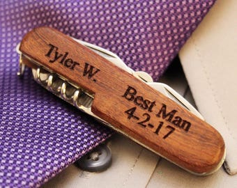 Personalized Rosewood Pocket Knife Bottle Opener Corkscrew - engraved wood wedding knives, groomsman, best man, pocket knives, jack knife