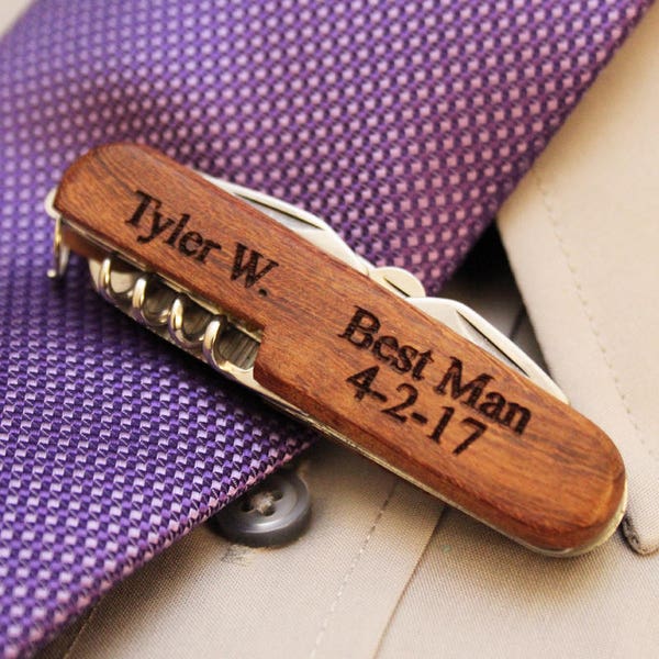 Personalized Rosewood Pocket Knife Bottle Opener Corkscrew - engraved wood wedding knives, groomsman, best man, pocket knives, jack knife