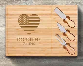 Patriotic Gift, Personalized Cheese Board Knife Set, Bamboo, Custom Engraved, July 4th, Independence Day, USA, Murica, Charcuterie Board