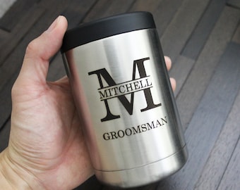 Personalized Silver Stainless Steel Can Cooler Tumbler custom christmas gift, engraved stocking stuffer, groomsmen gift, bachelor party gift