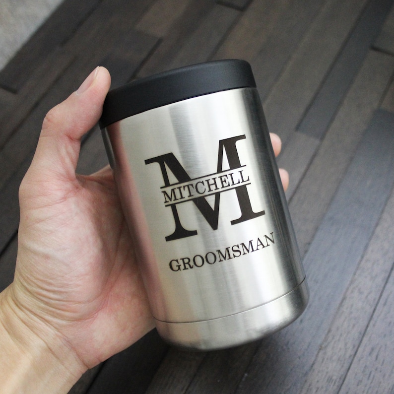 Personalized Silver Stainless Steel Can Cooler Tumbler custom christmas gift, engraved stocking stuffer, groomsmen gift, bachelor party gift 