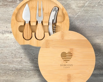 Patriotic Gift, Personalized Cheese Board Knife Set, Bamboo, Custom Engraved, July 4th, Independence Day, USA, Murica, Charcuterie Board