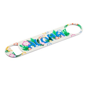 Aloha Hawaiian Print Paddle Bottle Opener, Powder Coated, Stainless Steel, Professional Bartender, Full Color Design, Decorated in USA