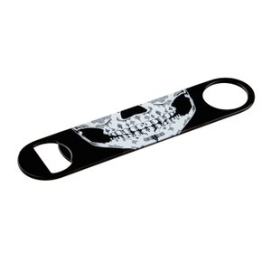May include: A black bottle opener with a white skull design. The opener has a rectangular shape with a circular hole at one end and a bottle cap opener at the other. The skull design is detailed and covers the majority of the opener's surface.