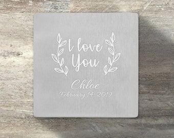 Valentine's Day Gift, Personalized Square Beverage Coaster, Set of 6, Stainless Steel, Cork Grip, Gift For Her, Gift For Him, Anniversary
