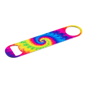 May include: A tie-dye patterned bottle opener with a rainbow swirl design. The opener is made of metal and has a hole for opening bottles.