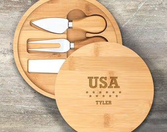 Patriotic Gift, Personalized Cheese Board Knife Set, Bamboo, Custom Engraved, July 4th, Independence Day, USA, Murica, Charcuterie Board