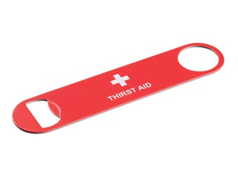 Thirst Aid Paddle Bottle Opener, Powder Coated, Stainless Steel, Professional Bartender Opener, Full Color Design, Decorated in USA